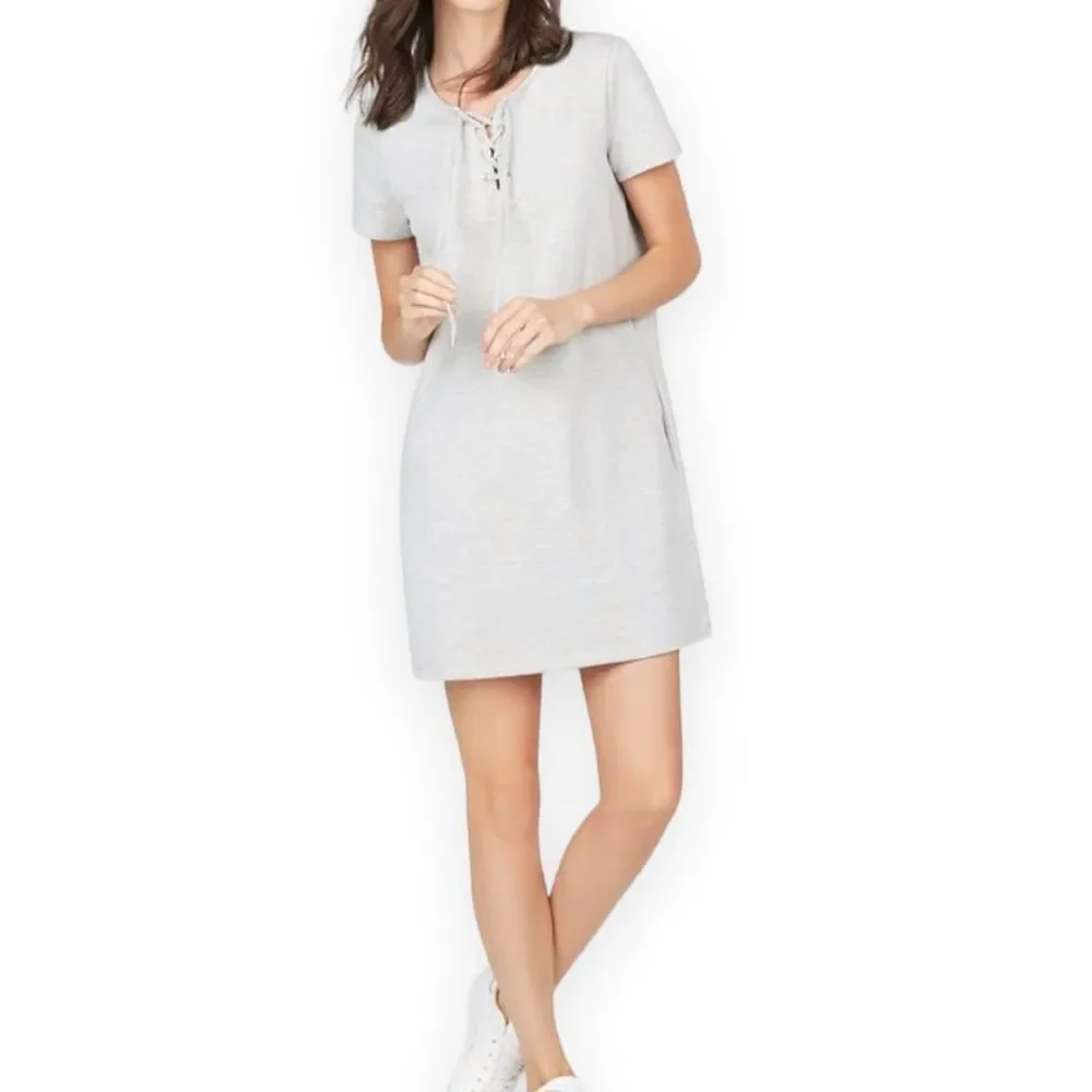 Gray V Neck Lace Up Short Sleeve Cotton Jersey Mini Dress NEW